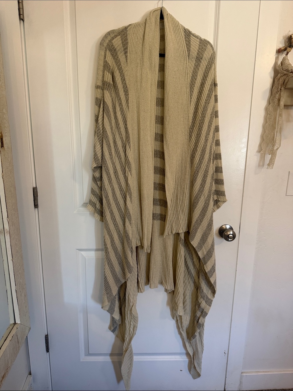 Free People Striped Knit Shawl Cardigan - Beige & Taupe